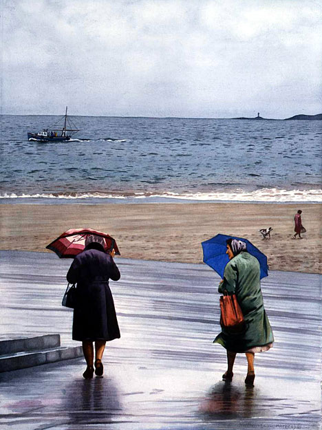 Watercolour of a rainy day at the beach, Tenby.